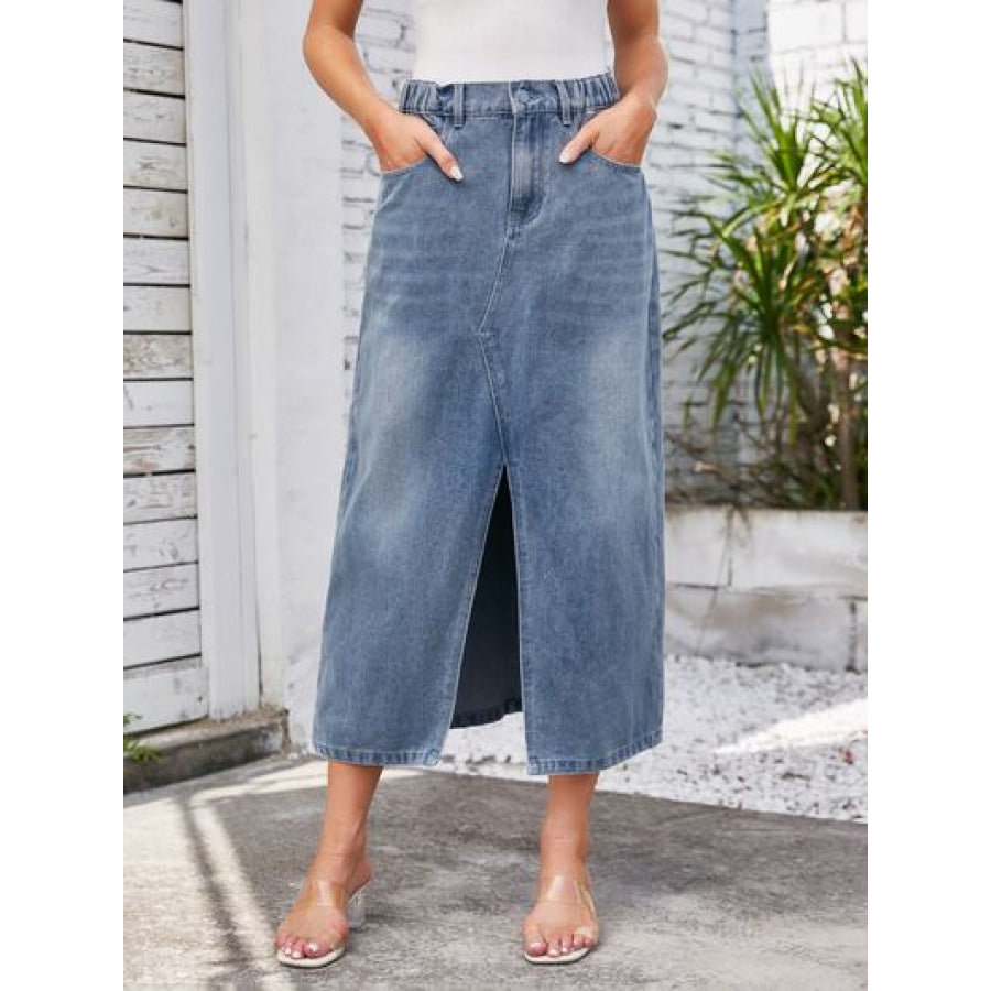 Slit Midi Denim Skirt with Pockets Misty Blue / S Apparel and Accessories