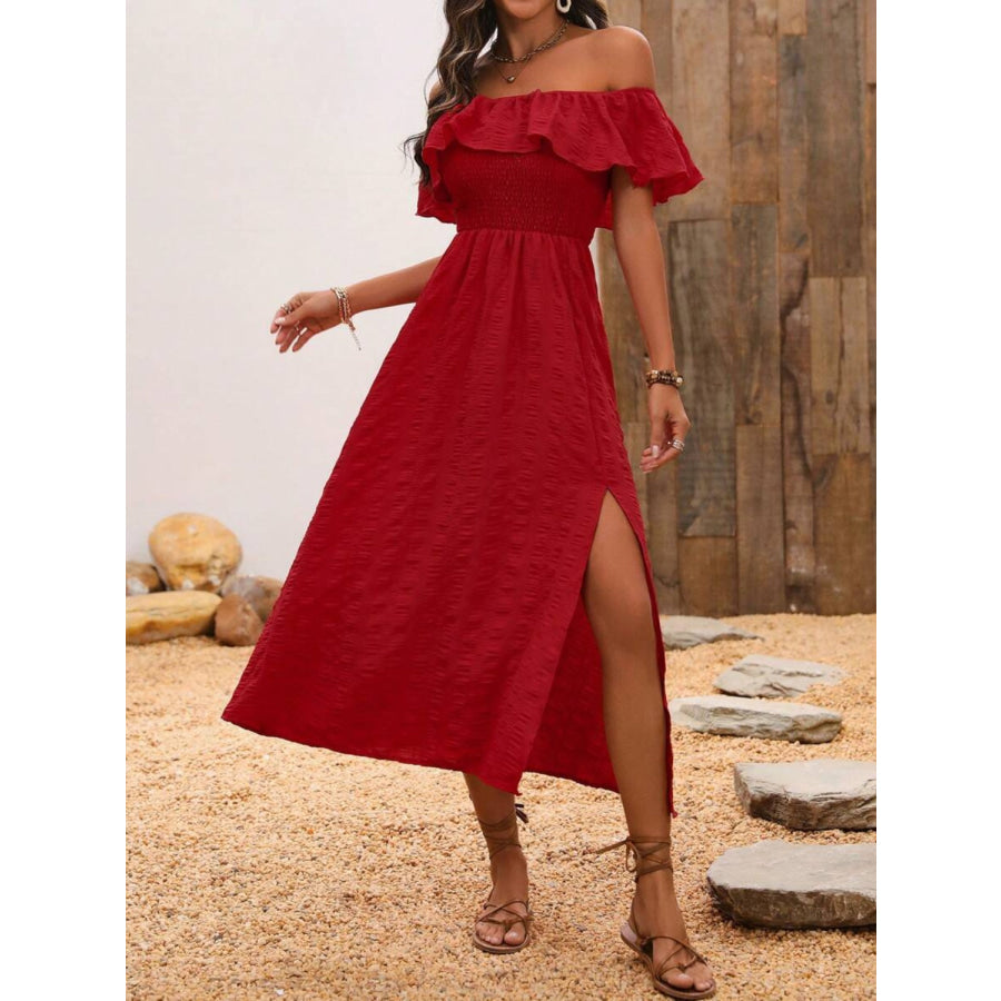 Slit Off-Shoulder Short Sleeve Midi Dress Rust / S Apparel and Accessories