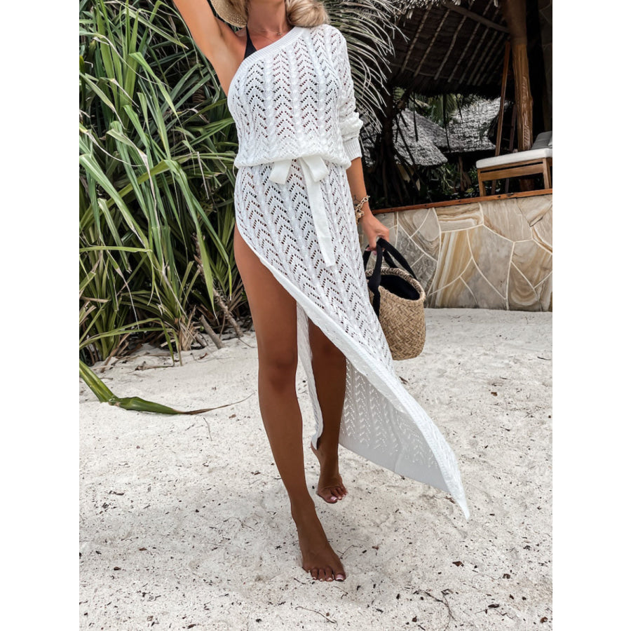 Slit Openwork Single Shoulder Knit Dress White / S Apparel and Accessories