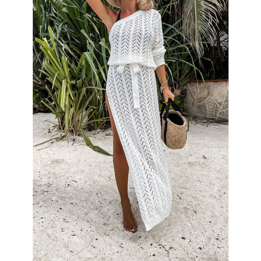 Slit Openwork Single Shoulder Knit Dress White / S Apparel and Accessories