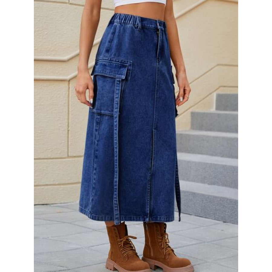 Slit Pocketed High Waist Denim Skirt Apparel and Accessories