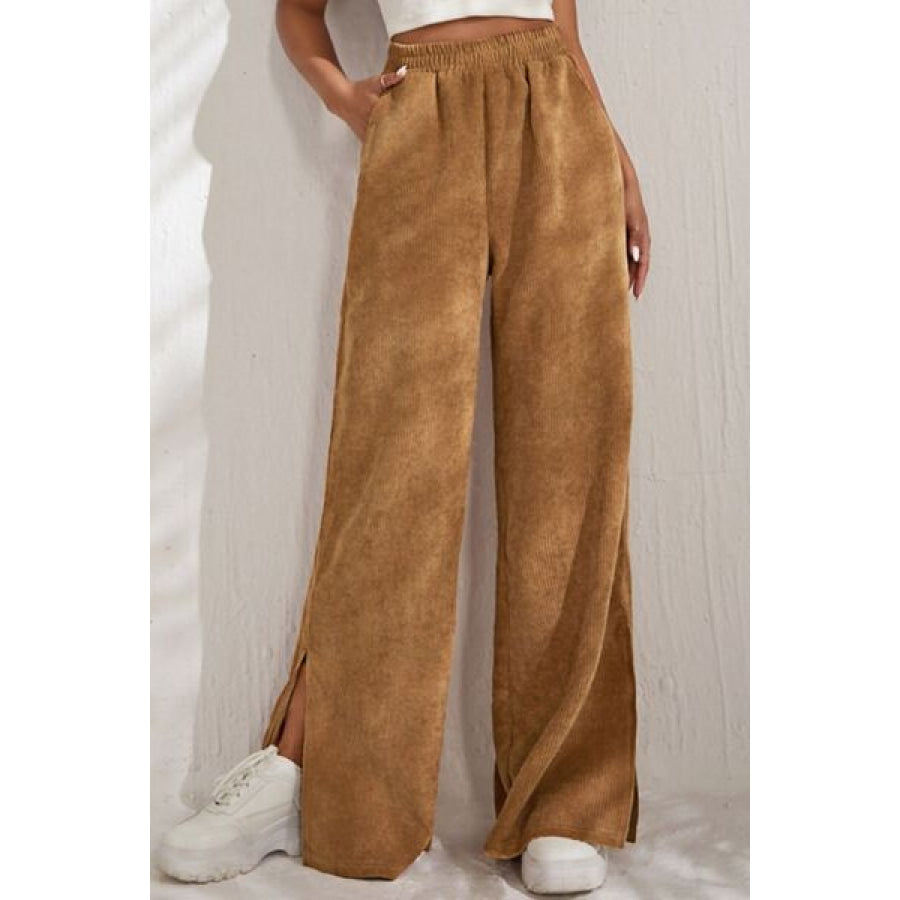 Slit Pocketed High Waist Wide Leg Pants Apparel and Accessories