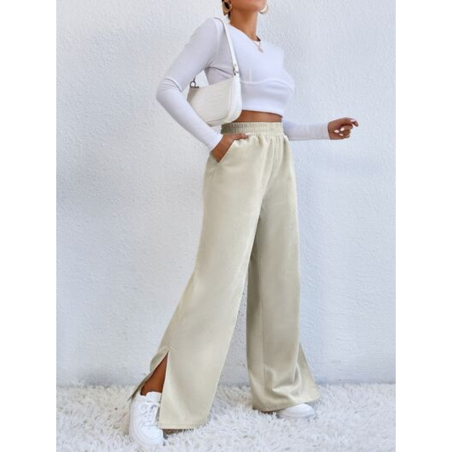 Slit Pocketed High Waist Wide Leg Pants Apparel and Accessories