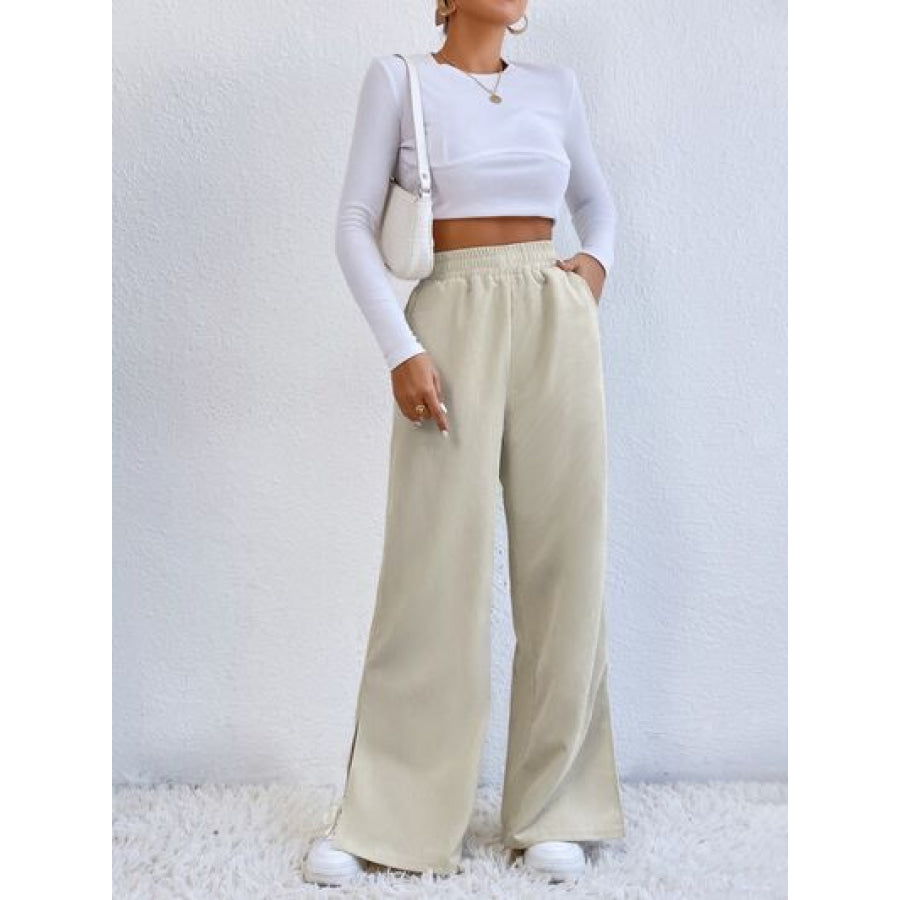 Slit Pocketed High Waist Wide Leg Pants Apparel and Accessories