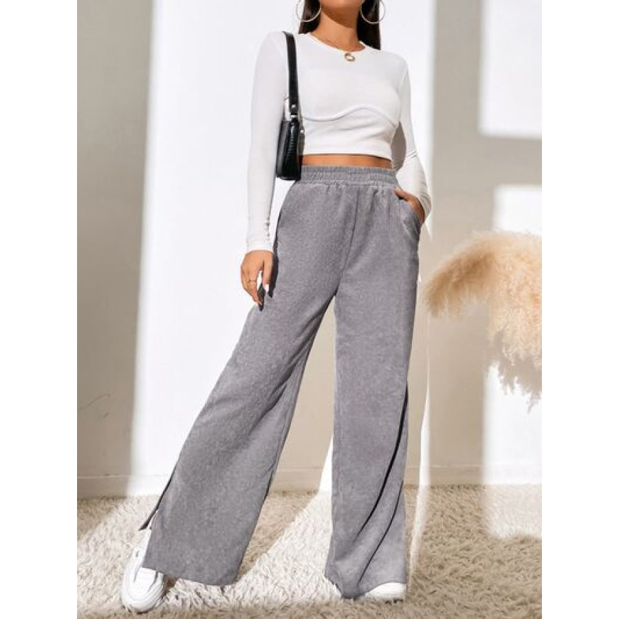 Slit Pocketed High Waist Wide Leg Pants Heather Gray / S Apparel and Accessories