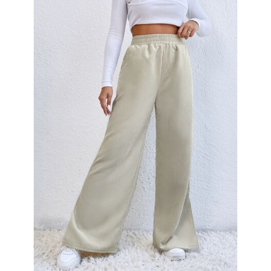 Slit Pocketed High Waist Wide Leg Pants Ivory / S Apparel and Accessories