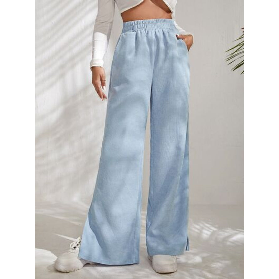 Slit Pocketed High Waist Wide Leg Pants Misty Blue / S Apparel and Accessories