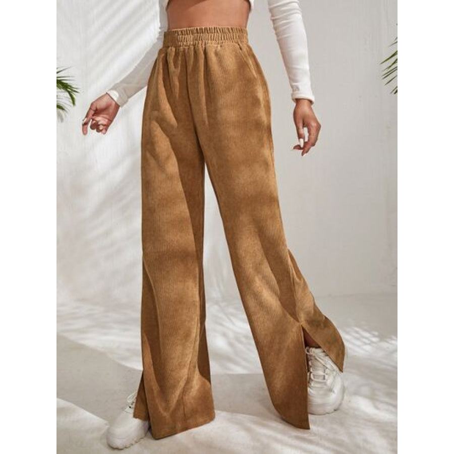 Slit Pocketed High Waist Wide Leg Pants Olive / S Apparel and Accessories