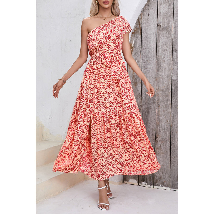Slit Printed Single Shoulder Tie Waist Dress Coral / S Apparel and Accessories