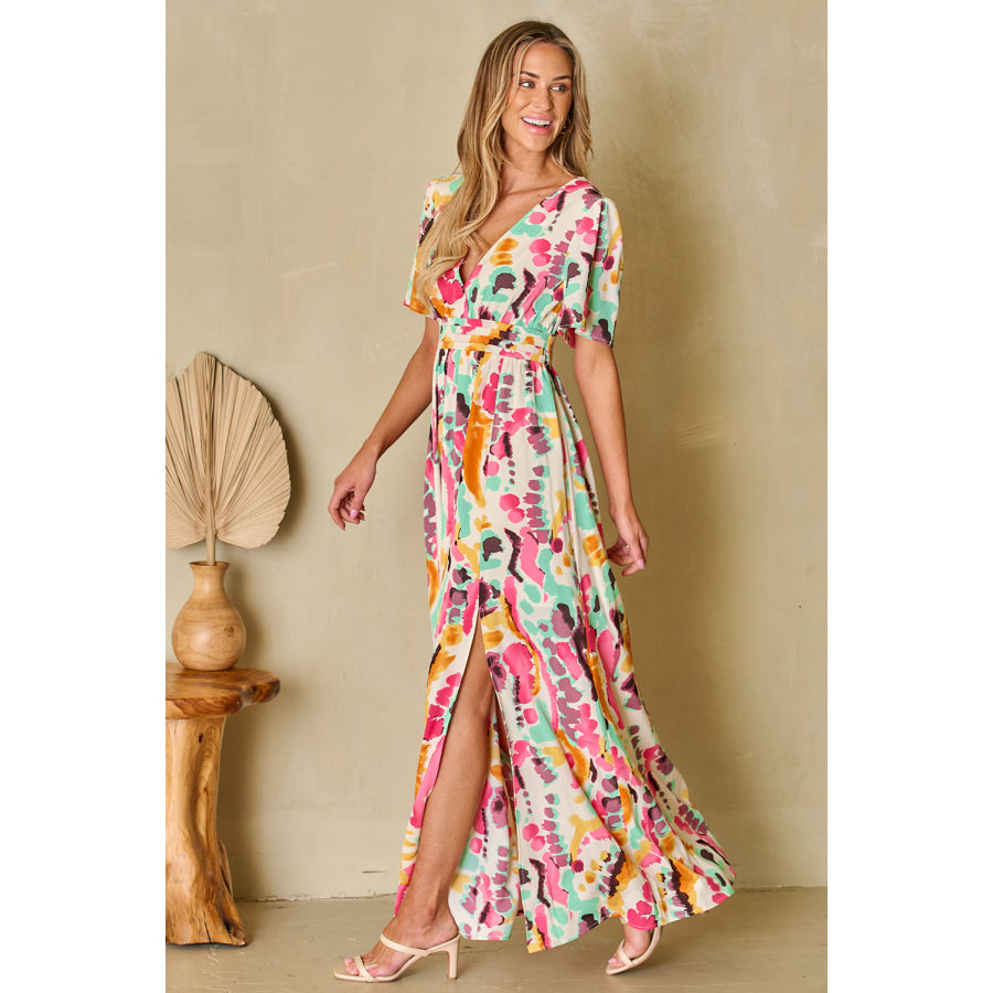 Slit Printed Surplice Short Sleeve Maxi Dress Apparel and Accessories