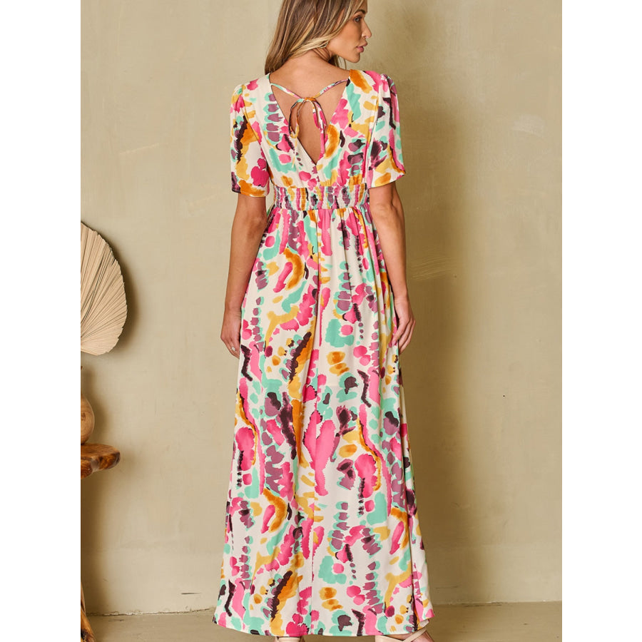 Slit Printed Surplice Short Sleeve Maxi Dress Apparel and Accessories