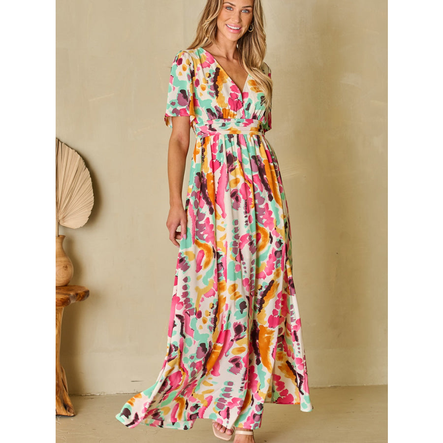 Slit Printed Surplice Short Sleeve Maxi Dress Apparel and Accessories