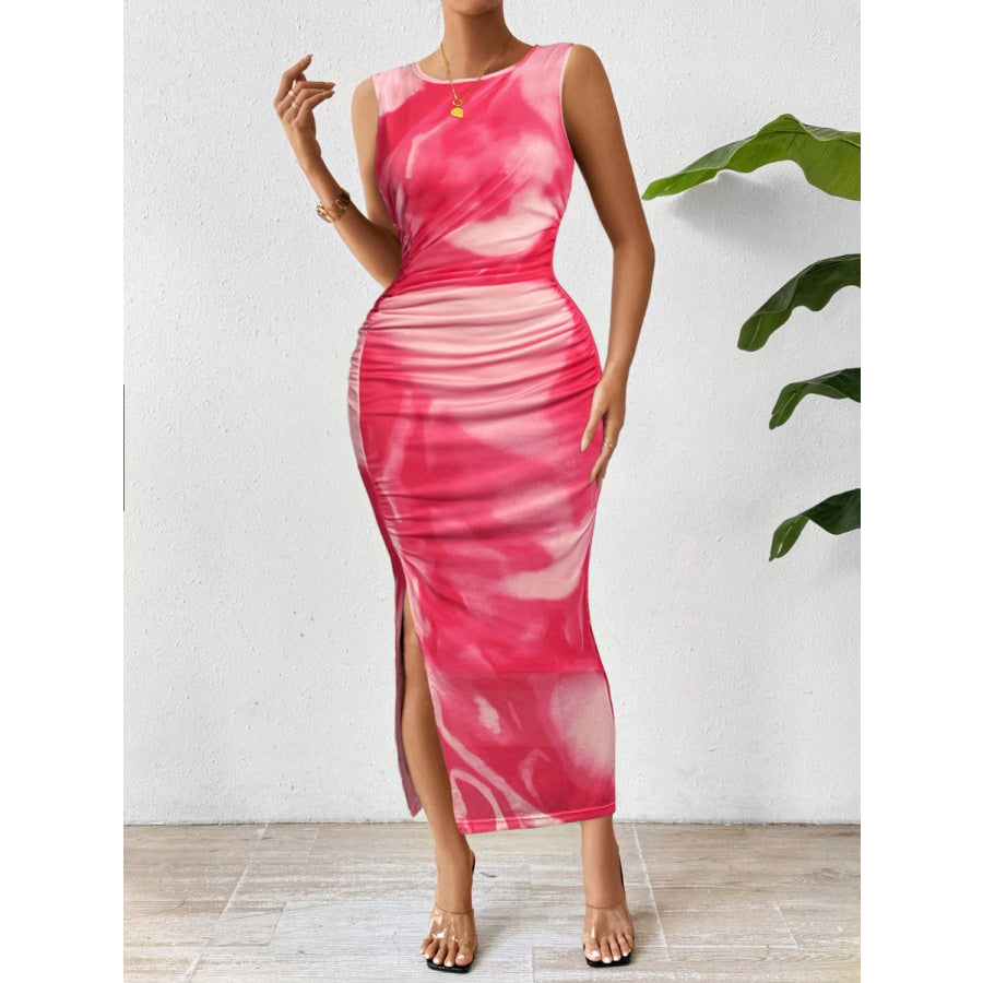 Slit Round Neck Midi Tank Dress Hot Pink / S Apparel and Accessories