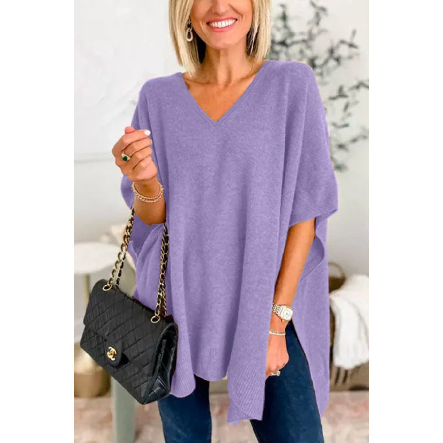 Slit V-Neck Half Sleeve Knit Top Lavender / S Apparel and Accessories