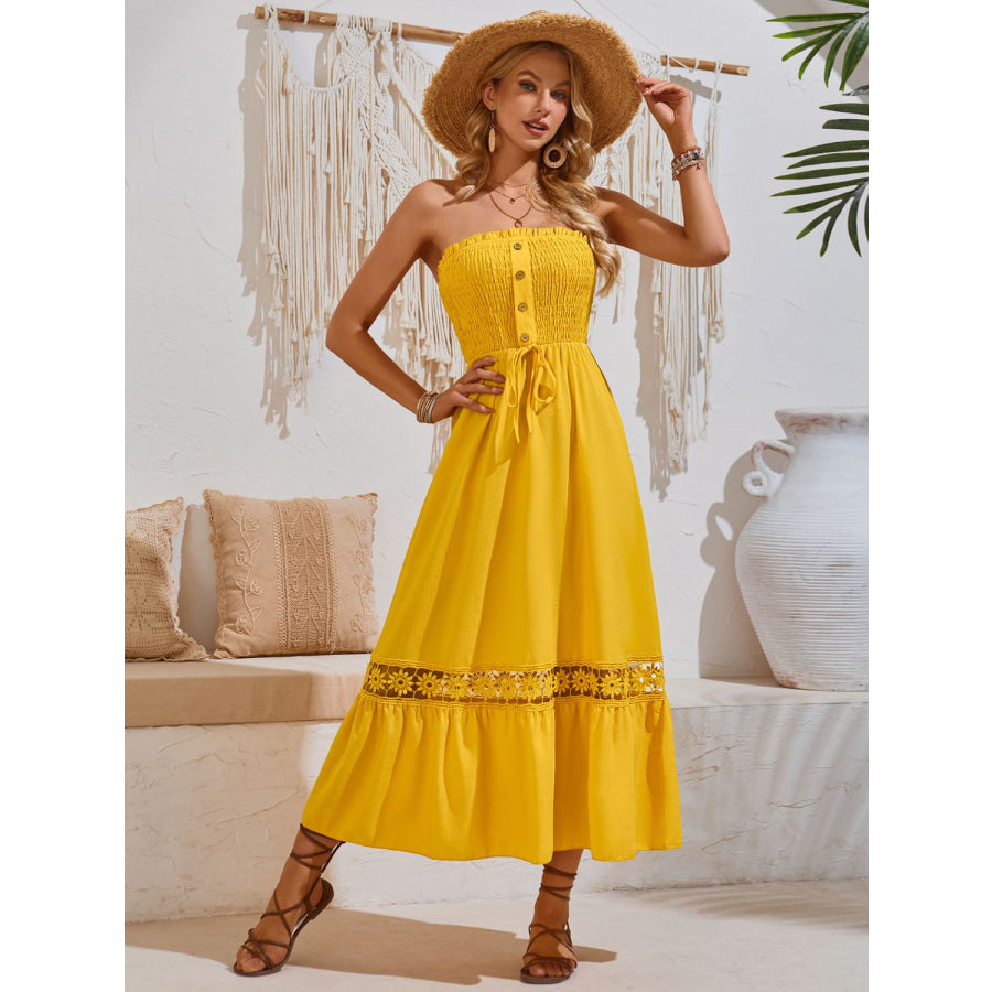Smocked Frill Tube Midi Dress Gold / S Apparel and Accessories