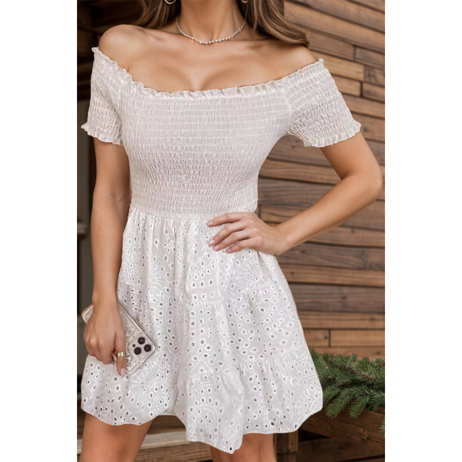 Smocked Off-Shoulder Short Sleeve Mini Dress Apparel and Accessories