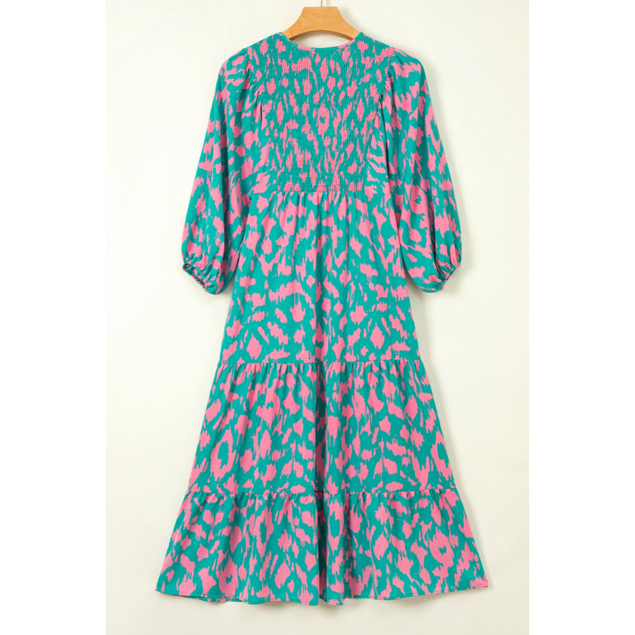 Smocked Printed Tie Neck Long Sleeve Dress Apparel and Accessories