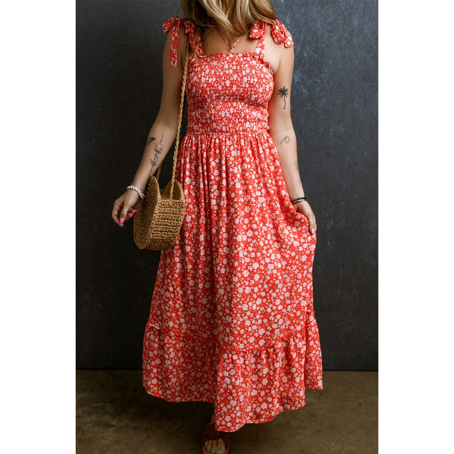Smocked Printed Tie Shoulder Dress Strawberry / S Apparel and Accessories