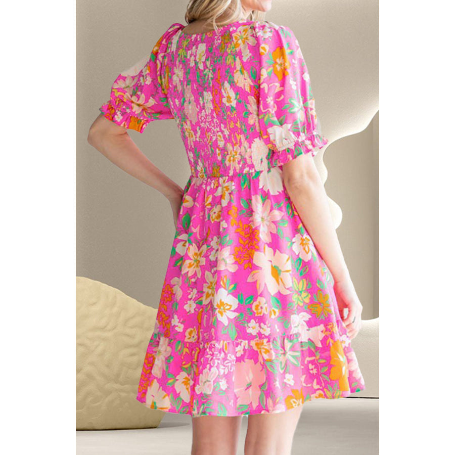 Smocked Printed V-Neck Short Sleeve Dress Hot Pink / S Apparel and Accessories