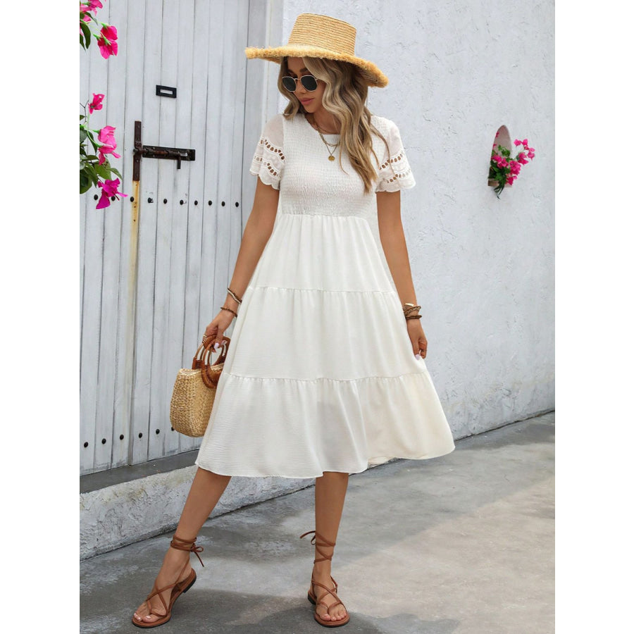 Smocked Round Neck Short Sleeve Dress Apparel and Accessories