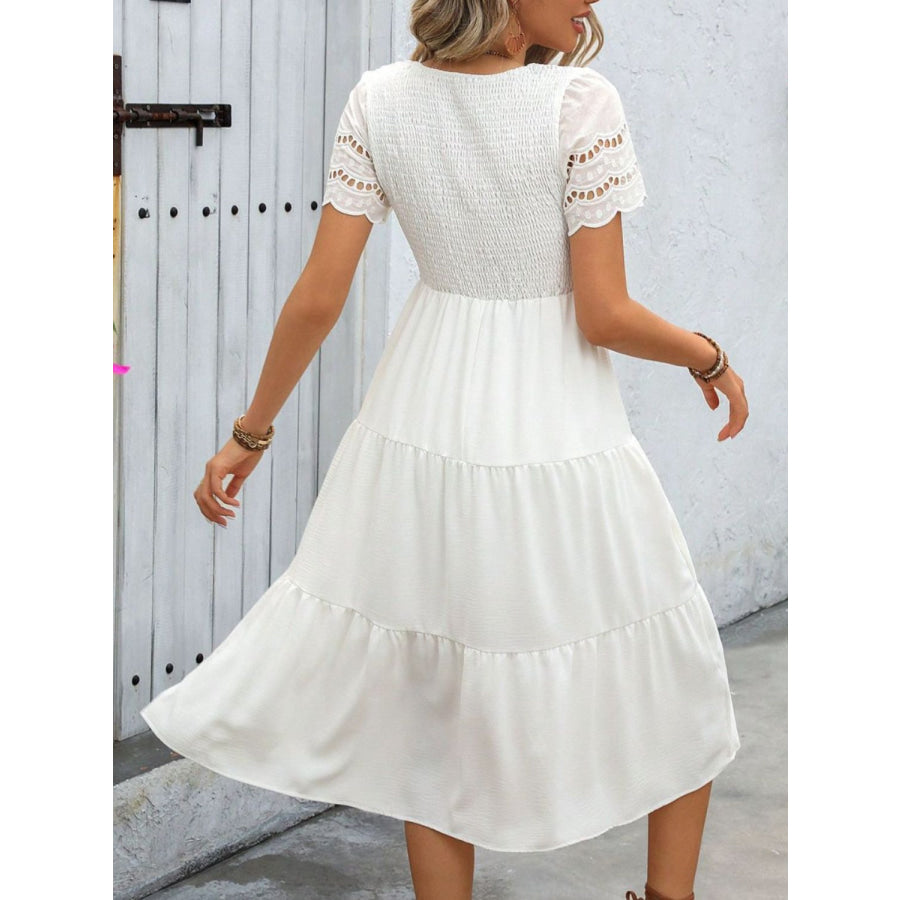 Smocked Round Neck Short Sleeve Dress Apparel and Accessories
