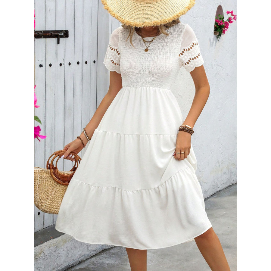 Smocked Round Neck Short Sleeve Dress White / S Apparel and Accessories