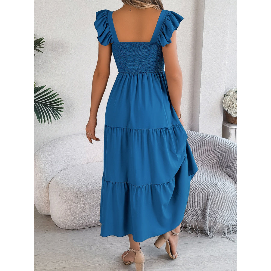 Smocked Square Neck Cap Sleeve Midi Dress Royal Blue / S Apparel and Accessories