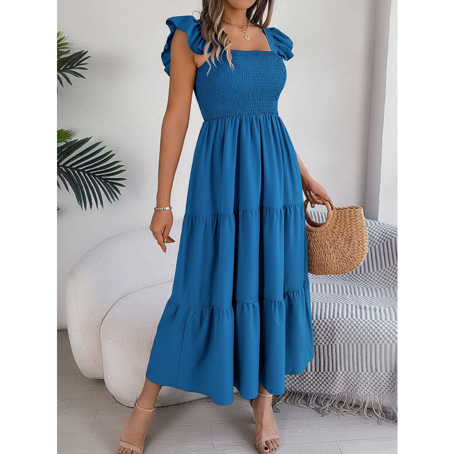 Smocked Square Neck Cap Sleeve Midi Dress Royal Blue / S Apparel and Accessories