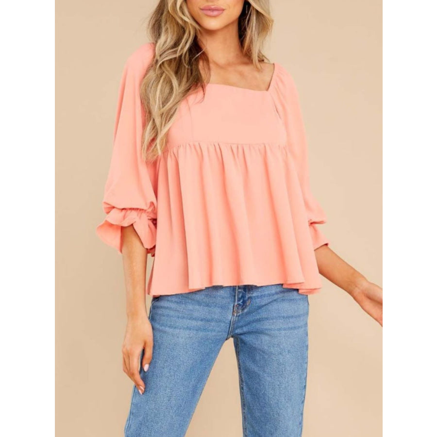 Smocked Square Neck Flounce Sleeve Blouse Apparel and Accessories