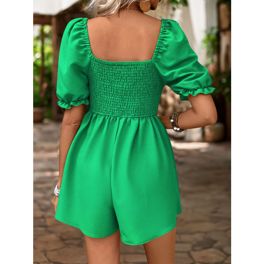 Smocked Square Neck Short Sleeve Romper Green / S Apparel and Accessories