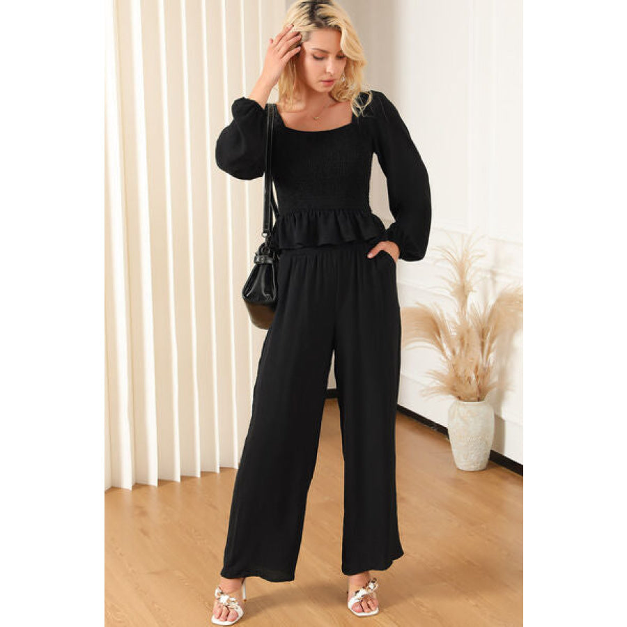 Smocked Square Neck Top and Pants Set Apparel and Accessories