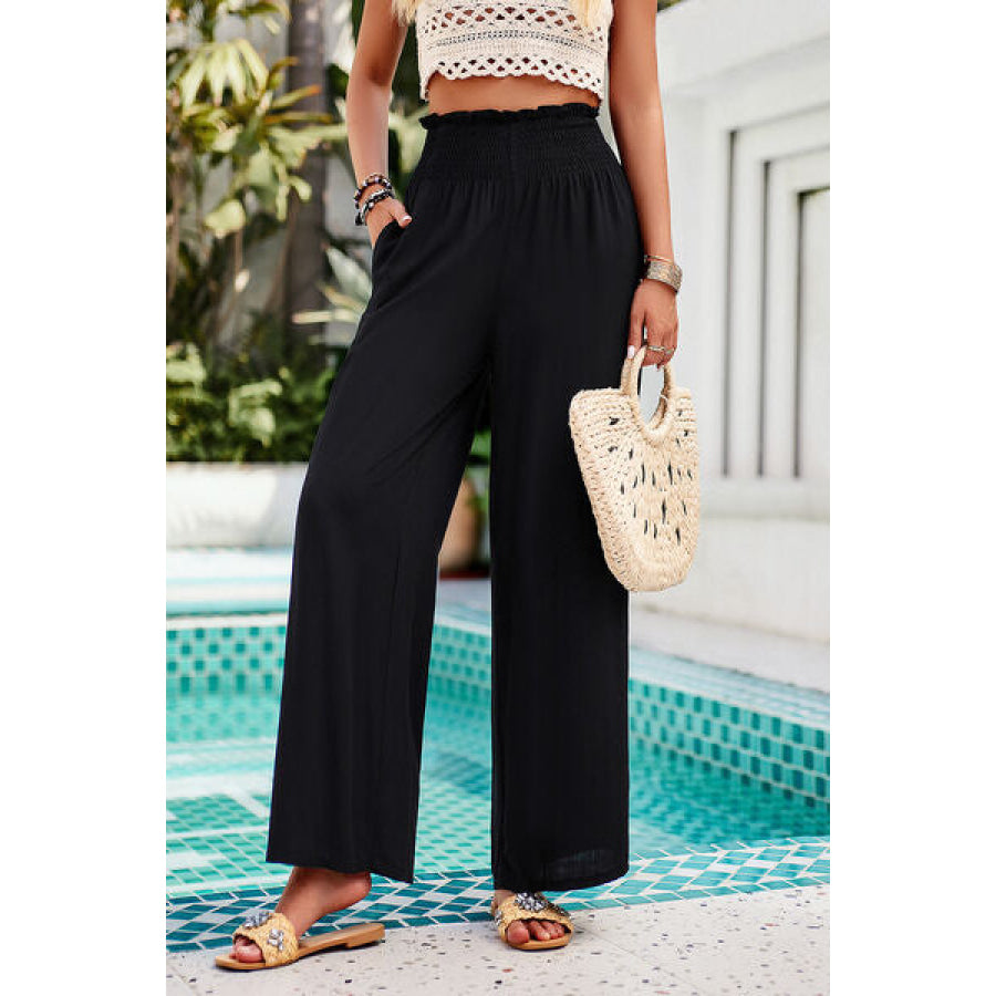 Smocked Wide Leg Pants with Pockets Clothing