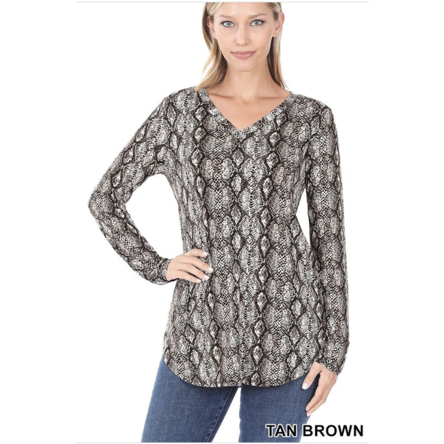 NEW!! Leopard and Snake Print V-neck Long Sleeve Top Snake Tan/Brown / S Tops
