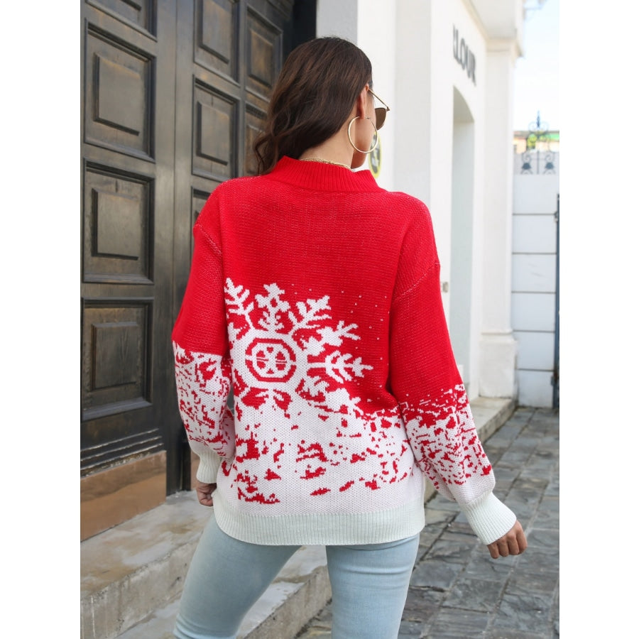Snowflake Pattern Mock Neck Sweater Red / S