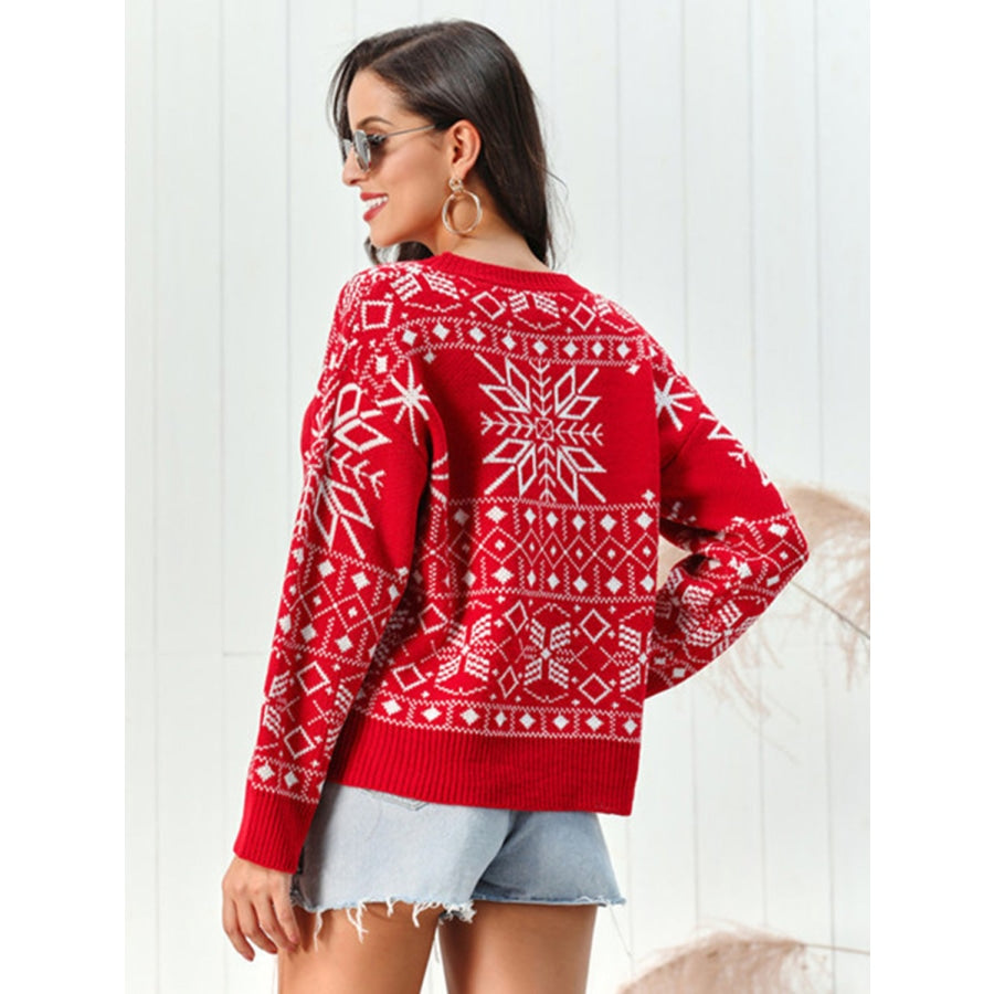 Snowflake Pattern Round Neck Sweater Red / S