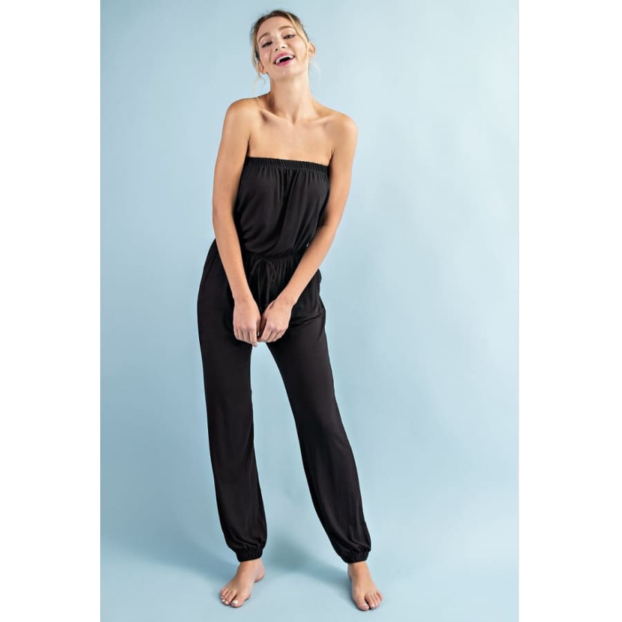 NEW! Solid Tube Jumpsuit with Drawstring Waist Jogger Legs and Pockets Black / S Jumpsuit