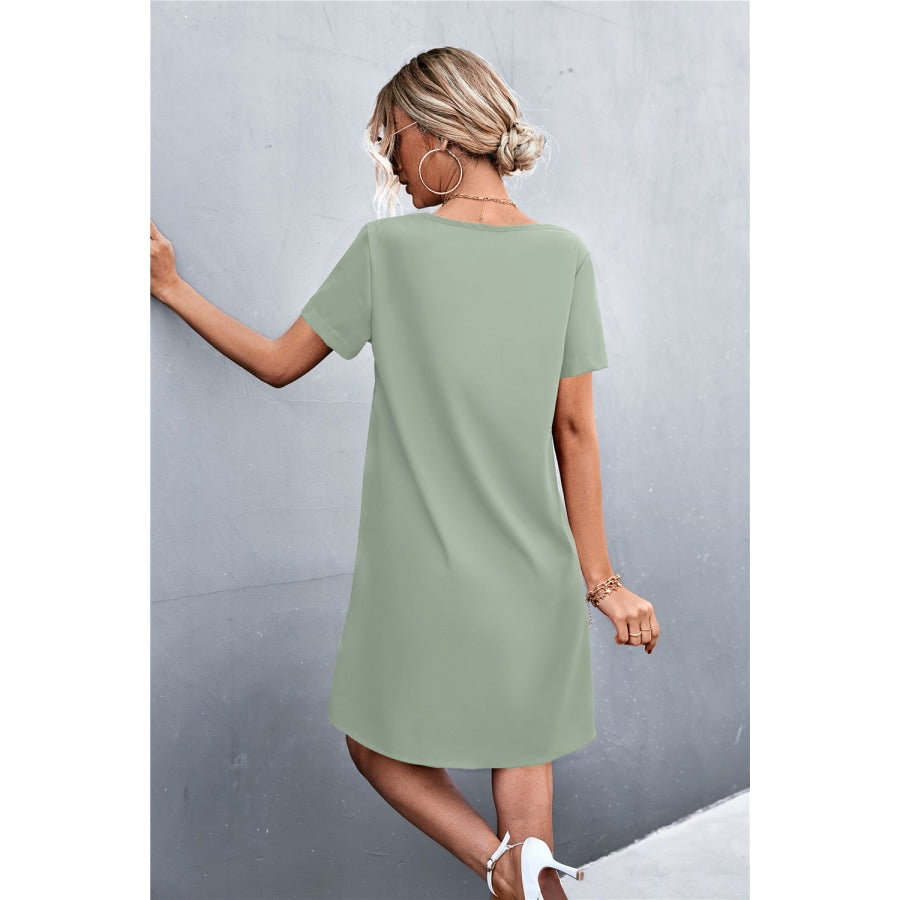 Spliced Lace Contrast Short Sleeve Dress Green / S