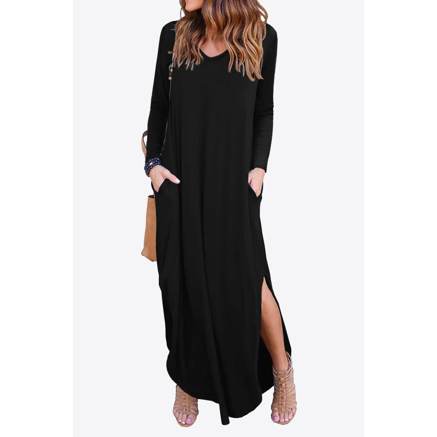 Split Long Sleeve V-Neck Maxi Dress Black / S