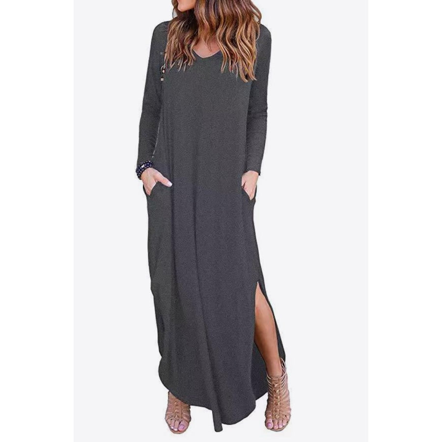 Split Long Sleeve V-Neck Maxi Dress Mid Gray / S