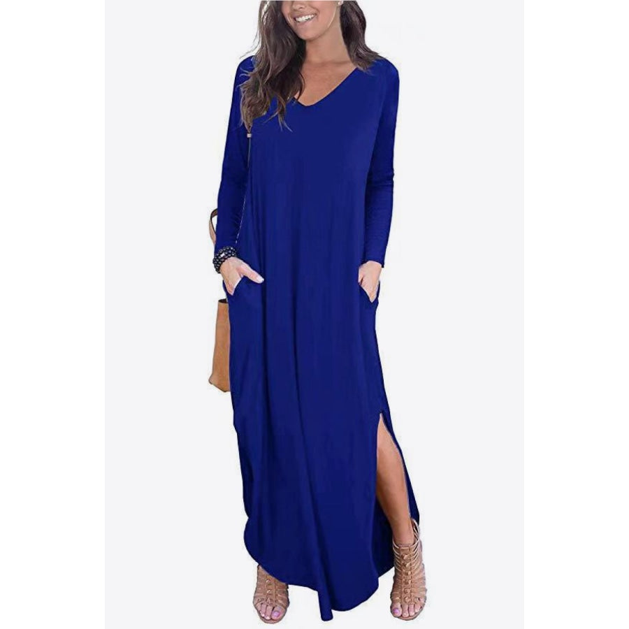 Split Long Sleeve V-Neck Maxi Dress Royal Blue / S