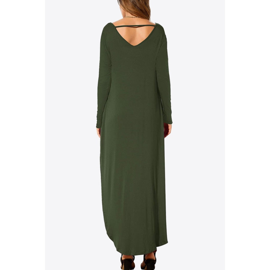 Split Long Sleeve V-Neck Maxi Dress Army Green / S