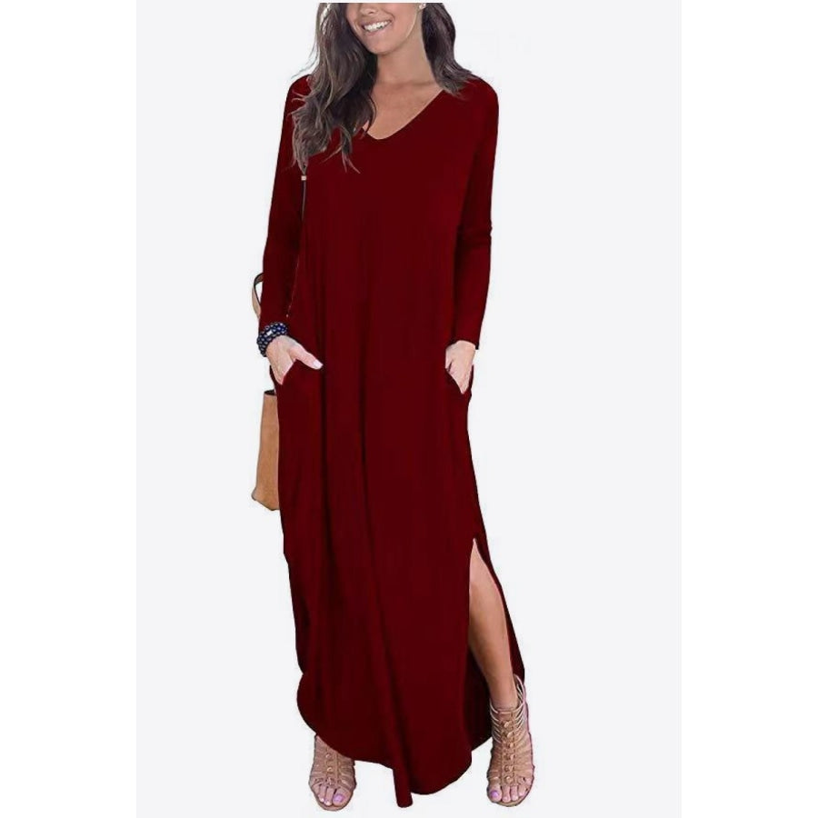 Split Long Sleeve V-Neck Maxi Dress Wine / S