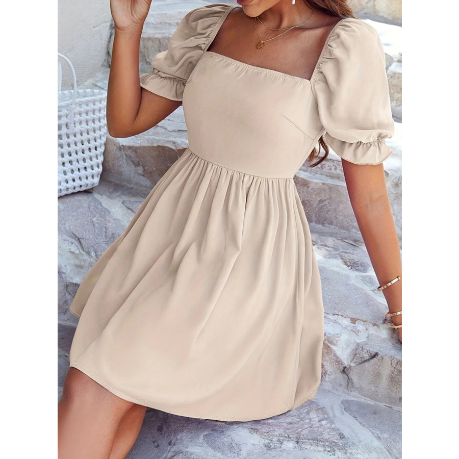 Square Neck Flounce Sleeve Mini Dress Tan / S Apparel and Accessories