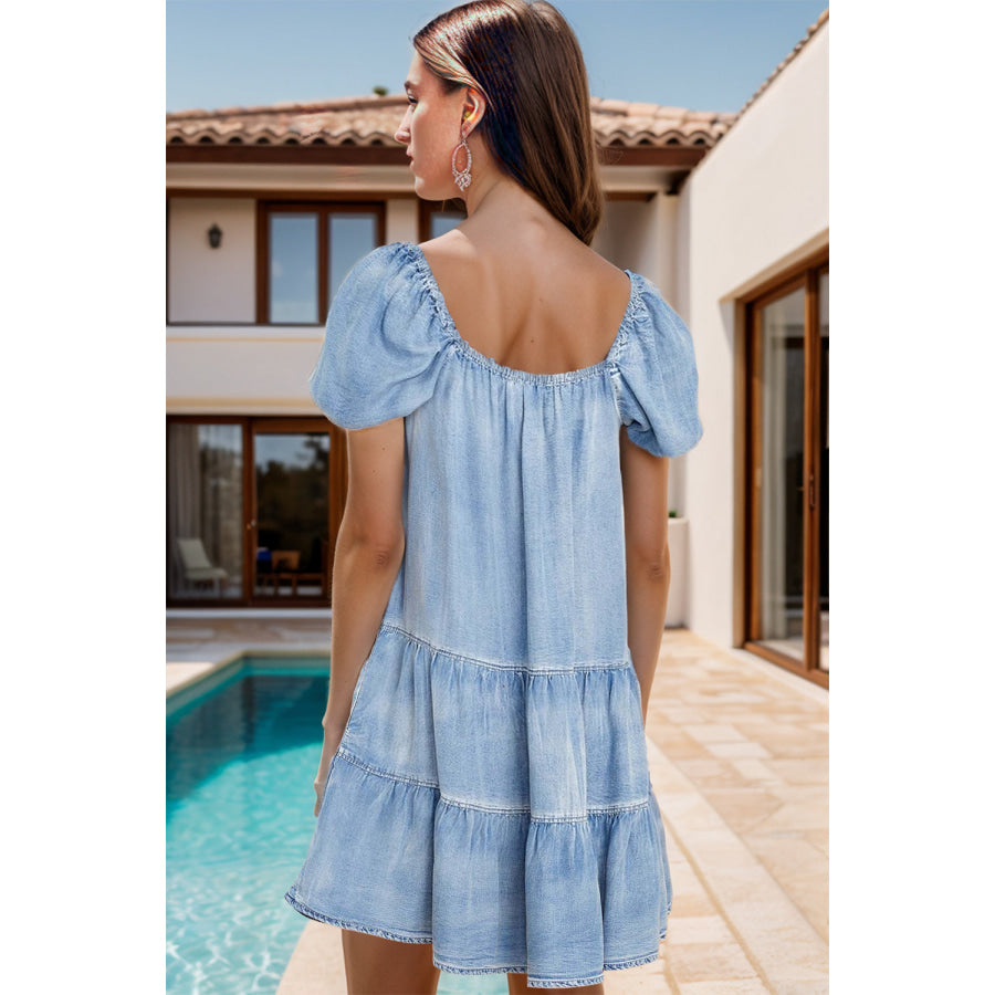 Square Neck Puff Sleeve Denim Dress Apparel and Accessories