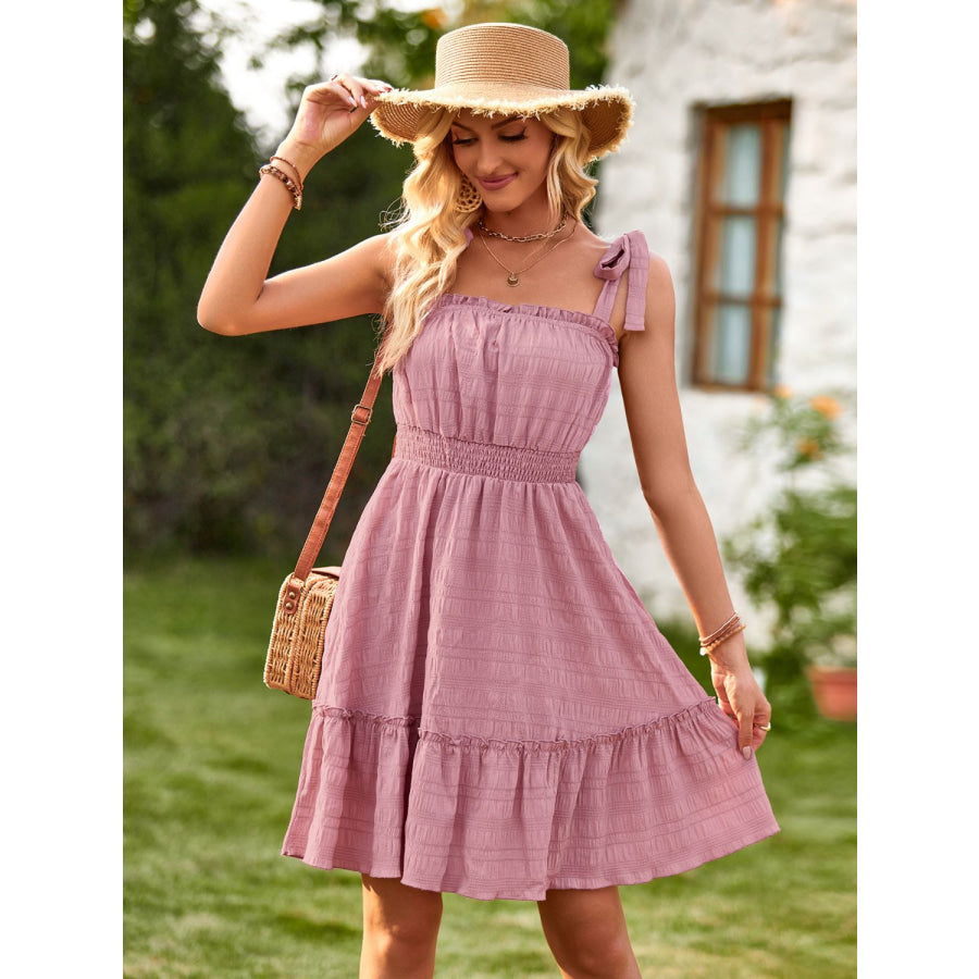 Square Neck Tie Shoulder Mini Dress Dusty Pink / S Apparel and Accessories