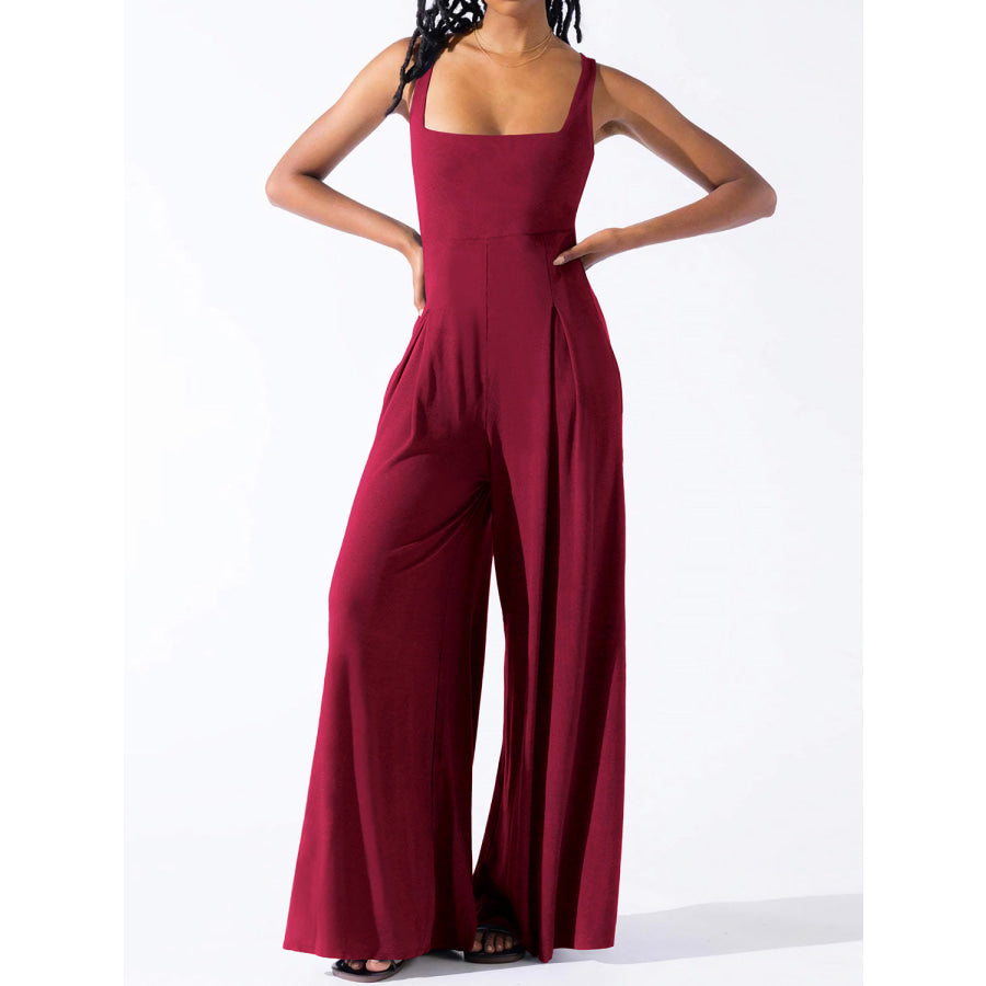Square Neck Wide Strap Jumpsuit Apparel and Accessories