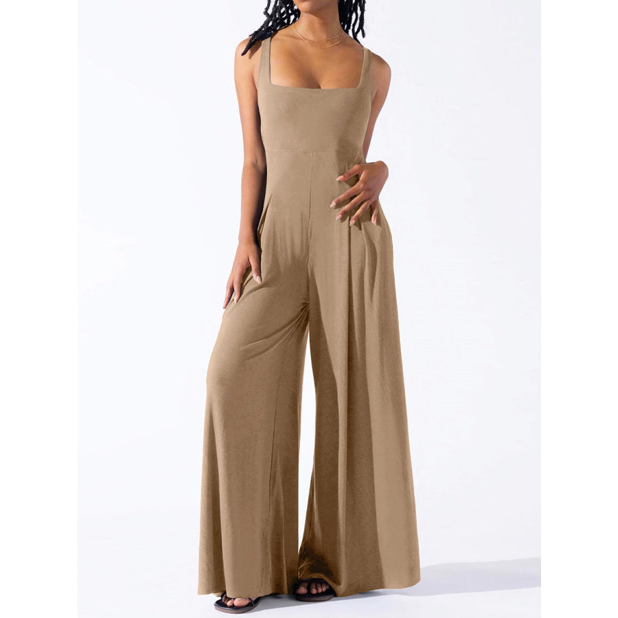 Square Neck Wide Strap Jumpsuit Camel / S Apparel and Accessories