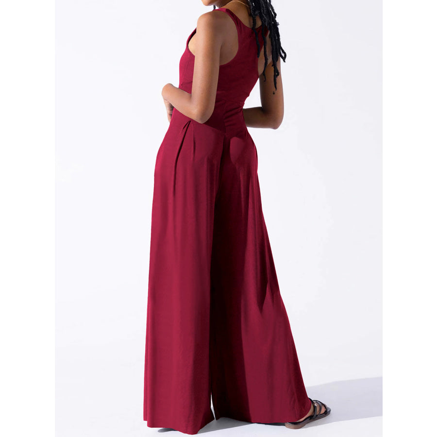 Square Neck Wide Strap Jumpsuit Wine / S Apparel and Accessories