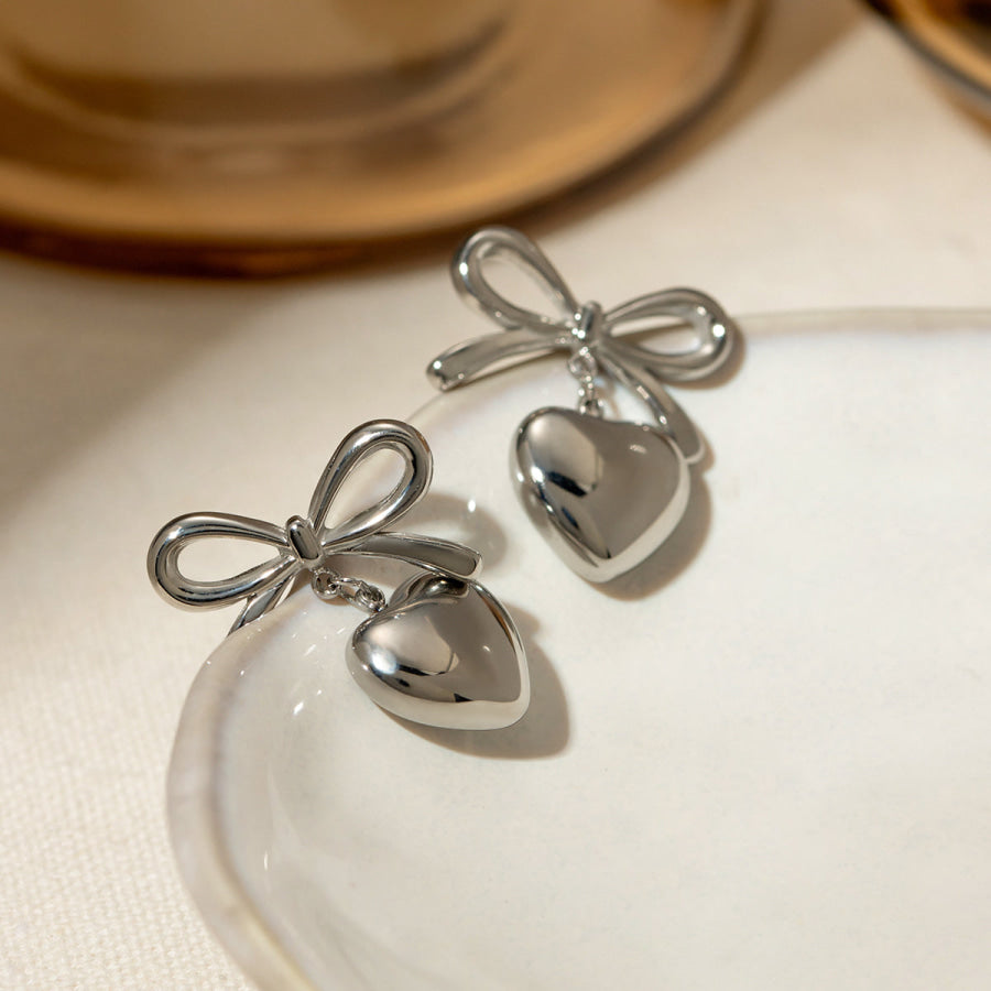 Stainless Steel Bow & Heart Drop Earrings Silver / One Size Apparel and Accessories