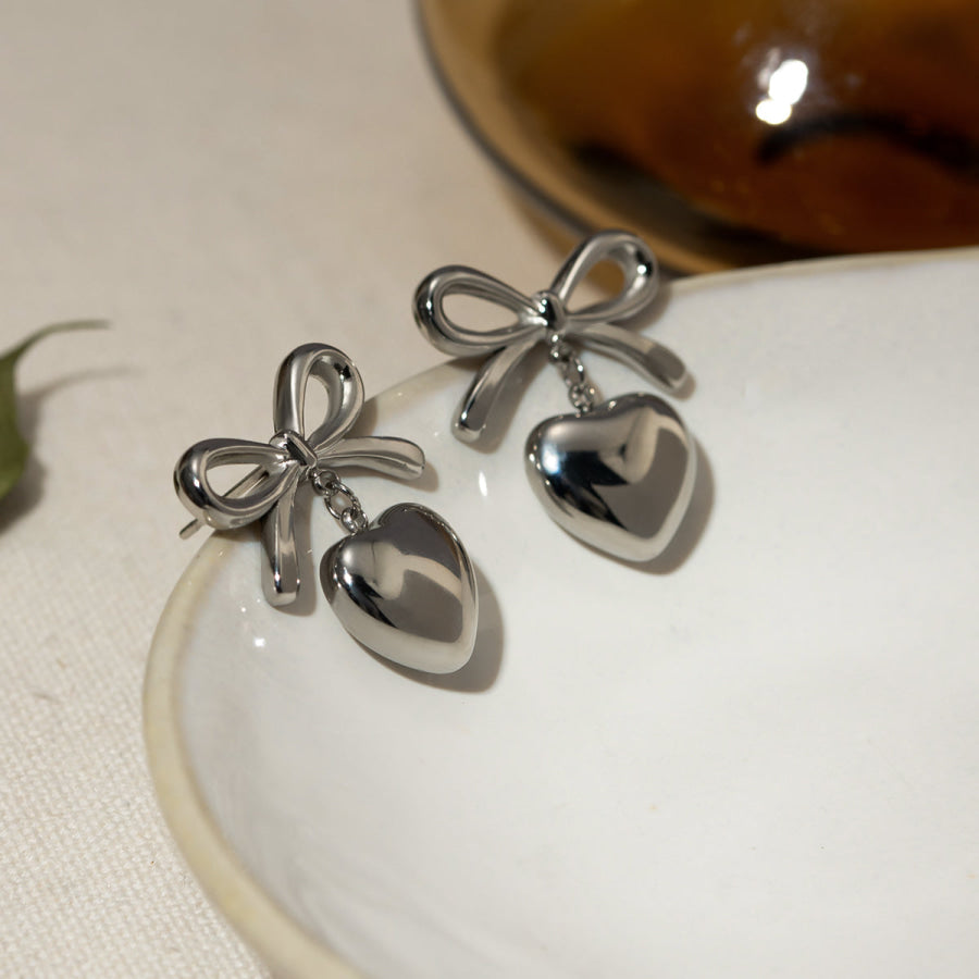 Stainless Steel Bow & Heart Drop Earrings Silver / One Size Apparel and Accessories